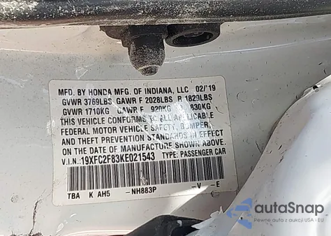 2019 Honda Civic Sport from USA, damaged, VIN 19XFC2F83KE021543